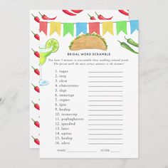 a printable bridal word scramble game with taco and limes on it