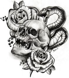 a drawing of a skull and snake with roses on the side, in black ink