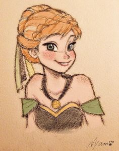 a drawing of a girl with blonde hair and braids on her head, wearing a green dress