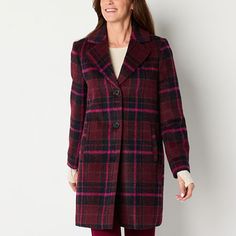 Exude elegance day-to-day in the cooler months thanks to this Liz Claiborne women's trench coat. Made from a warm woven blend, this midweight plaid style has a button-front closure, side slip pockets, and a notch collar. Wear it with a sweater and slim-fit pants or jeans.Closure Type: ButtonFit: Classic FitPockets: 2 Side Slip PocketsSleeve Length: Long SleeveWarmth Factor: MidweightApparel Length: 35 InchesOuterwear Length: MidFiber Content: 100% PolyesterFabric Description: WovenLining Materia Maroon Coat Outfit, Maroon Coat, Women's Trench Coat, Pea Coats Women, Peacoats, Plaid Coat, Classic Coats, Car Coat, Green Coat