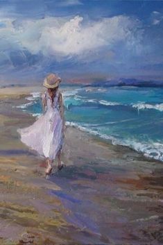 a painting of a woman walking on the beach with her hat over her head, looking out at the ocean