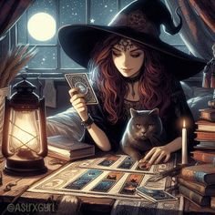 a woman in a witches hat sitting at a table with a cat and tarot cards