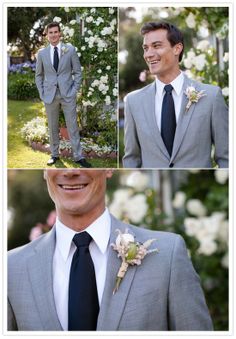 a man in a suit and tie is smiling for the camera while wearing a flower boutonniere