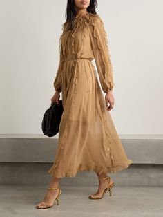 ZIMMERMANN Tranquility belted ruffled silk-chiffon midi dress | NET-A-PORTER Net A Porter Outfits, Build Wardrobe, New York Outfit, Tan Silk, Artsy Outfit, Royal Life, Chiffon Midi Dress, Smocked Dress, Knitwear Tops