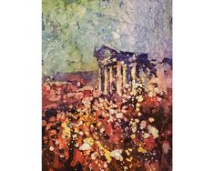 an artistic painting of flowers in front of a building