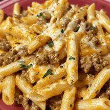 a red plate topped with pasta covered in cheese and meat sauce on top of it