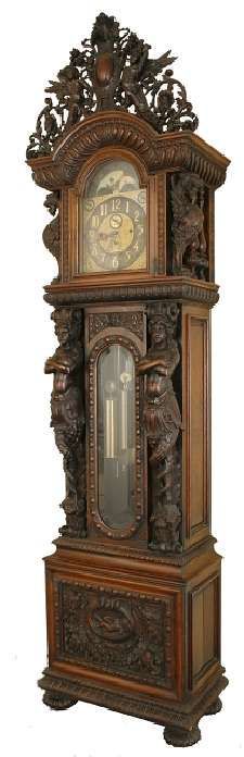 an ornate wooden grandfather clock with carvings on the front and sides, carved from wood