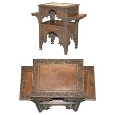 two wooden tables with intricate carvings on them