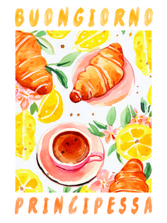 a watercolor painting of croissants and oranges