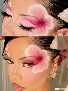 Hibiscus Flower Makeup, Art Makeup Creative, Hibiscus Makeup, Unique Makeup Looks Creative, Unique Makeup Ideas Creative, Tropical Makeup Look, Creative Eye Makeup Ideas, Flower Eye Makeup, Orchid Makeup