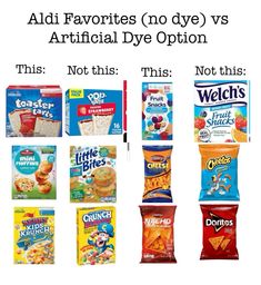 an advertisement with different types of snacks and their names on the front, along with text that reads aldi favorites no dyb vs artificial dye option