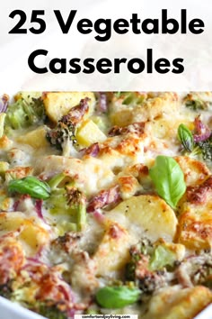 a casserole dish with broccoli, cheese and other vegetables in it