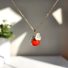 Apple necklace Red Dangle Jewelry With Fruit Design, Cute Red Flower Jewelry, Red Fruit Design Dangle Jewelry, Trendy Flower Shaped Necklace As Gift, Trendy Red Jewelry With Fruit Design, Elegant Dangle Jewelry With Fruit Design, Trendy Red Fruit Design Jewelry, Elegant Fruit Design Dangle Jewelry, Red Flower Charm Pendant Jewelry