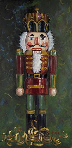 an oil painting of a nutcracker with gold coins around it's feet