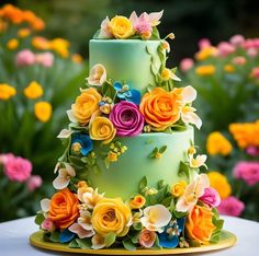 a multi - tiered cake decorated with flowers on a table in front of colorful flowers