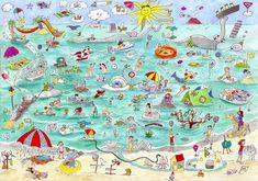 an illustration of people on the beach and in the water