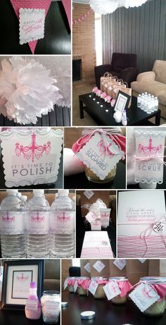 a collage of pictures with pink and white items on them, including cards, tags, vases