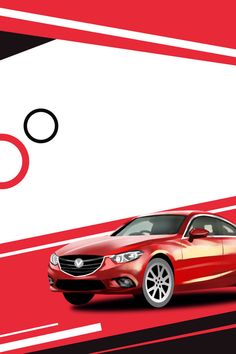 a red car parked in front of a black and white background with circles on it