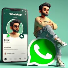 a man sitting on top of a phone next to an whatsapp sign