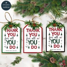 thank you for all that you do christmas gift tags with pine cones and evergreens