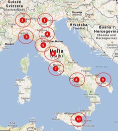 a map with red circles showing the locations of different areas in italy and where they are located