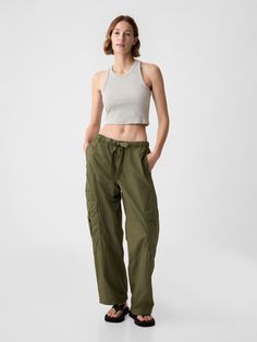 Mid Rise Cargo Parachute Pants | Gap Cargo Parachute Pants, Parachute Trousers, Cargo Outfit, Easy Silhouette, Women Cargo Pants, Army Jacket, Buy Buy, Casual Clothes, Photoshoot Outfits