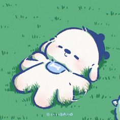 a white teddy bear laying in the grass