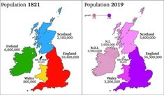 two maps showing the number of populations in england and wales