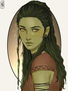 a drawing of a woman with green hair and orange eyes, wearing a brown top