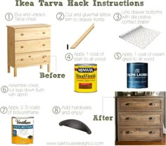 the contents of a dresser with instructions on how to paint them and what to use it