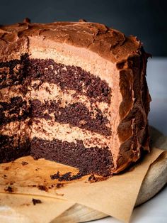 a chocolate cake with one slice taken out of it