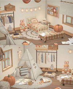 this is an image of a child's bedroom with pumpkins on the floor