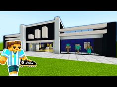 an image of a minecraft house with a person holding a skateboard in front of it