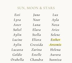 the sun, moon and stars are shown in different font styles on a white background