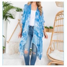 Boho Chic Gorgeous Kimono, Swim Coverup, Robe In A Beautiful Blue Tie Dye Print With Sleeves. Tie Dye Is Always Trendy!!! 100% Polyester Material. Turn Heads While Being Stylish & Sexy . One Size Fits Most S-2xl Blue Breezy Summer Cover-up, Blue Breezy Flowy Cover-up, Blue Flowy Breezy Cover-up, Lightweight Open Front Casual Cover-up, Blue Open Front Cover-up For Vacation, Blue Breezy Top For Beach, Blue Breezy Beach Tops, Breezy Blue Tops For Beach, Oversized Cotton Casual Cover-up