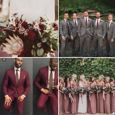 a collage of photos with men and women dressed in maroon suits, ties, and flowers