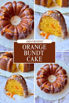 an orange bundt cake on a plate with slices cut out and ready to be eaten