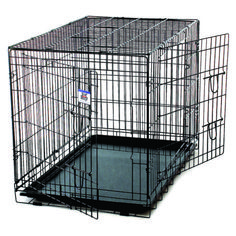 two dog cages with one open and the other closed