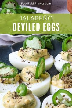 deviled eggs topped with jalapeno and green peppers on a black plate