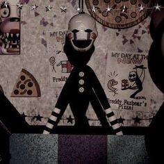 a cartoon character standing in front of a wall with posters on it and stars hanging from the ceiling