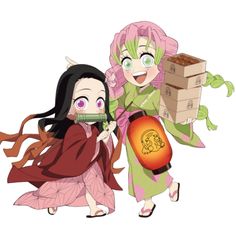 two women dressed in costumes holding boxes and one is wearing a green dress with pink hair