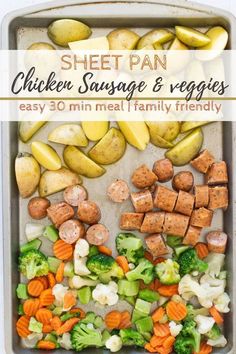 sheet pan chicken sausage and veggies with text overlay