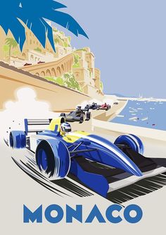 a blue race car driving down a road next to the ocean with palm trees and buildings in the background