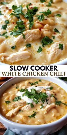 two pictures of slow cooker white chicken chili with cheese and parsley on top