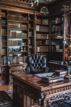 an old fashioned library with leather chairs and bookshelves