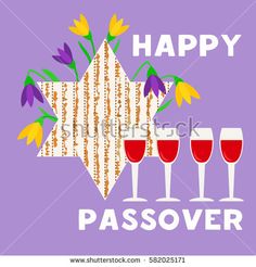 happy passover with wine glasses and tulips on the purple background, illustration