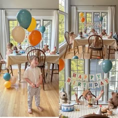 a child standing in front of a birthday party with balloons and teddy bears on the table