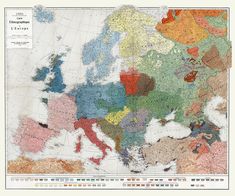 an old map of europe with all the countries in different colors and lines on it