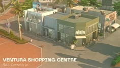 an aerial view of a shopping center with palm trees