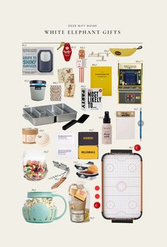 an assortment of different items are shown in this graphic style, with the words white elephant gifts above them